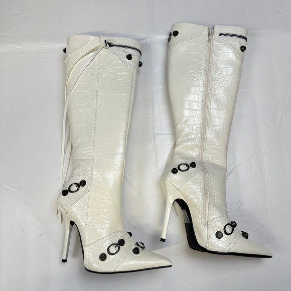 Fashion Nova Shoes - Fashion Nova Knee High Boots Croc Embossed White Stiletto Size 6